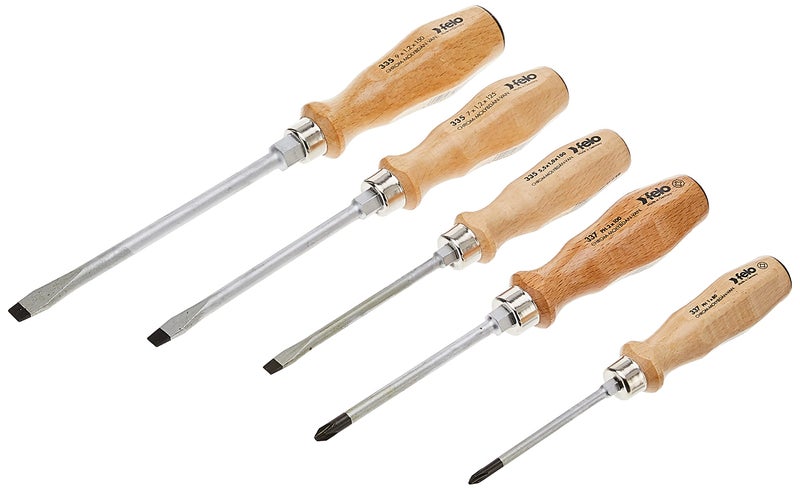 Felo by Bondhus 07157 22155 Slotted & Phillips Wood Handle Screwdrivers, Set of 5, Chrome Finish Blade W/Beechwood Grip, 715722155, 1pack - Image 1