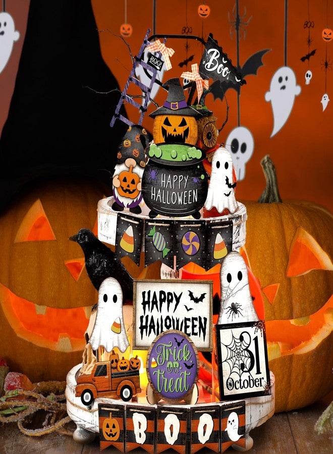 مجموعة ديكور صينية متعددة الطبقات من MiniInflat، تتضمن لافتات خشبية لعيد الهالوين، قطع مركزية ريفية للطاولة، ديكور منزلي، الصينية غير متضمنة (يقطين، ألوان زاهية). - Image 4