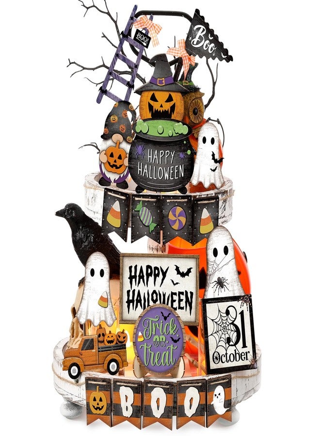 مجموعة ديكور صينية متعددة الطبقات من MiniInflat، تتضمن لافتات خشبية لعيد الهالوين، قطع مركزية ريفية للطاولة، ديكور منزلي، الصينية غير متضمنة (يقطين، ألوان زاهية). - Image 1