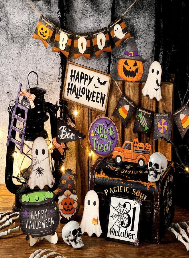 مجموعة ديكور صينية متعددة الطبقات من MiniInflat، تتضمن لافتات خشبية لعيد الهالوين، قطع مركزية ريفية للطاولة، ديكور منزلي، الصينية غير متضمنة (يقطين، ألوان زاهية). - Image 2