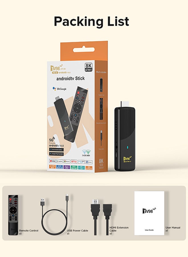 تلفزيون جهاز تلفاز Android 14.0 TV Box TV Stick مع صندوق الألعاب 2.4G 5G واي فاي مزدوج 6 بلوتوث 5.0 H.265 8K UHD مشغل وسائط ذكي (8+128G) - Image 1