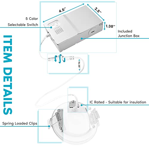 LUXRITE 3 Inch Ultra Thin LED Recessed Lighting, 6W, 5 Color Selectable 2700K | 3000K | 3500K | 4000K | 5000K, CRI 90, 500 Lumens, Dimmable LED Wafer Lights, Wet Rated, UL Listed, Baffle Trim - Image 3