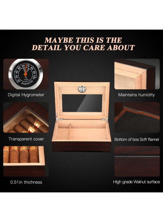 TISFA Cigar Humidor, Glass Top Cigar Box with Hygrometer Humidifier and Divider, Desktop Cedar Wood Storage Case Holds 20-30 Cigars (Dark Brown) - Image 1