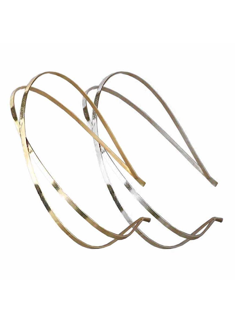Teensery Teensery 4 Pcs Metal Headbands Double Row Cross Hairbands Simple Hair Hoop Headwear DIY Hair Accessories for Women and Girls Silver and Gold 