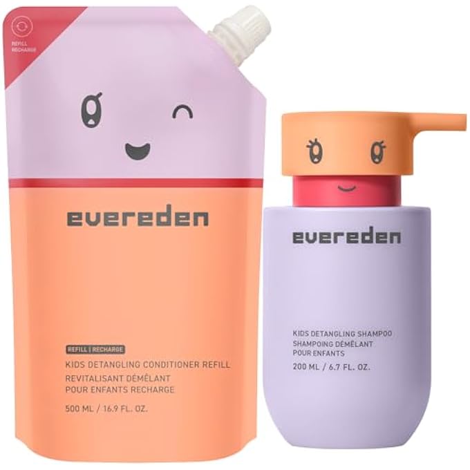 Evereden Shampoo Hair Detangler for Kids (6.7 fl. oz.) & Conditioner Refill (16.9 fl. oz.): Clean & Vegan Kids Haircare - Argan Oil & Plant Peptides - Stubborn Knot Buster - Any Hair Type - Ages 3 Up