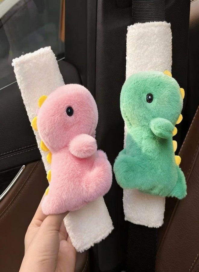 Zigihos 2 PCS Seat Belt Cover Pad, Cute Dinosaur Seatbelt Covers for Kids, Winter Plush Fluffy Soft Seatbelt Cushion, Car Seat Strap Pads (Pink+Green) - Image 1