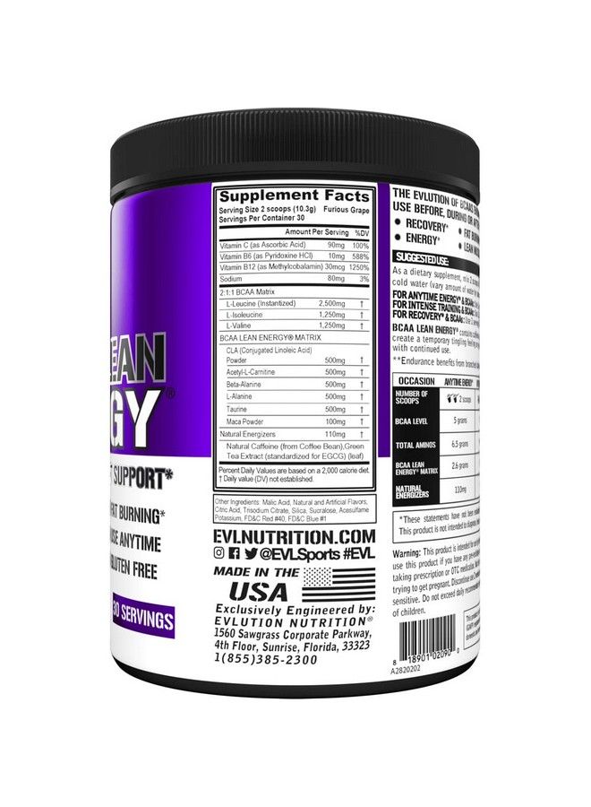Evl Bcaa Lean Energy Powder Pre Workout Green Tea Fat Burner Support With Bcaas Amino Acids And Clean Energizers Bcaa Powder Post Workout Recovery Drink For Lean Muscle Recovery Furious Grape 