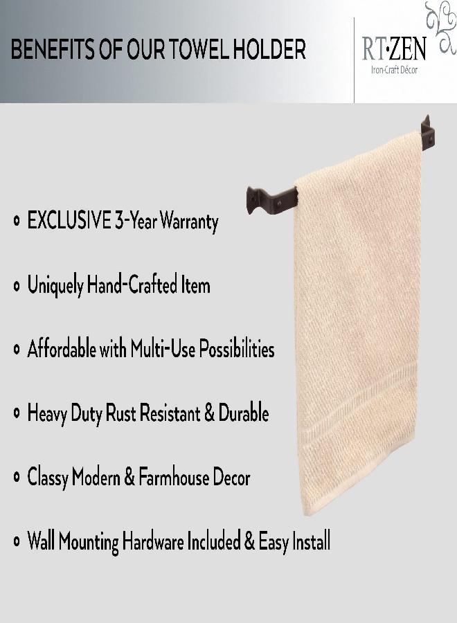 RTZEN Farmhouse Towel Rack for Bathroom - Handcrafted Wrought Iron Kitchen Towel Bar Straight Wall Mount Rod - Matte Black Towel Hanger for Home or Office - 17" Rack Fits 14" Towels (Medium) - Image 2
