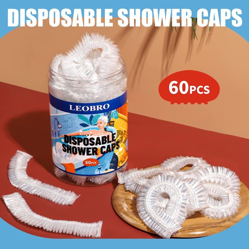LEOBRO Shower Caps, 60PCS Large Disposable Shower Caps for Women, Plastic Shower Cap, Plastic Cap for Hair Treatment, Travel, Large Size 19.3 INCH - Image 3