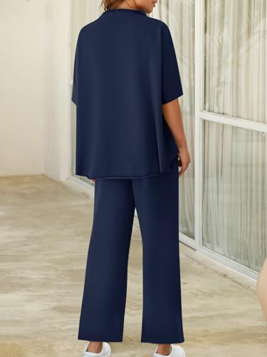 Yousify Oversized Cotton Lounge Sets for Women Spring 2 Piece Travel Outfits Half Sleeve Tops Wide Leg Pants Summer Loose Fit Loungewear Set Dark Blue L - Image 4