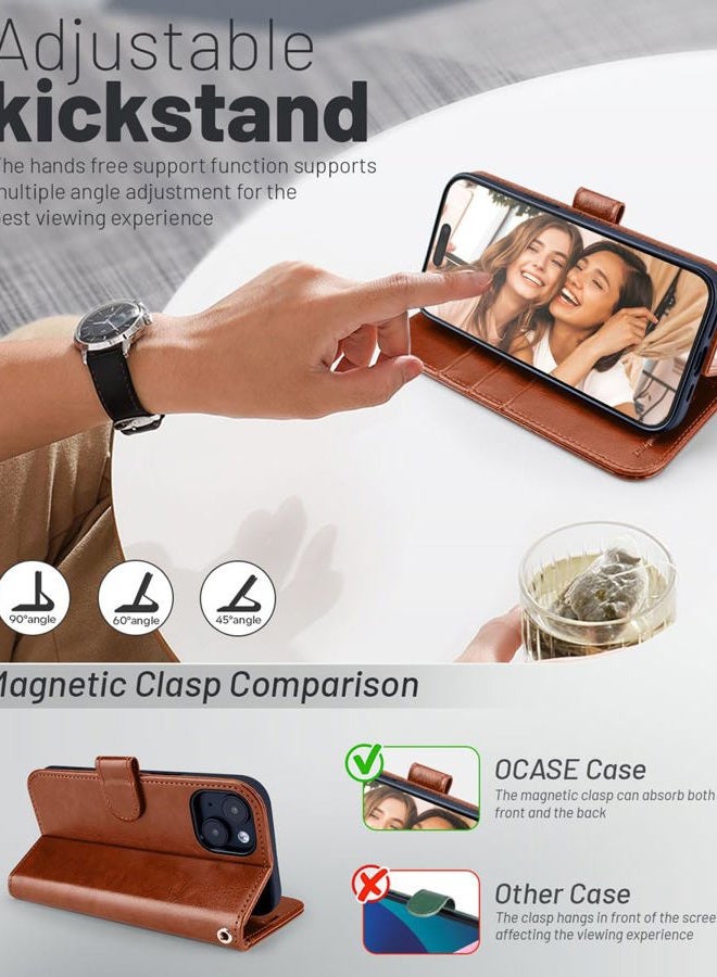OCASE for iPhone 15 Case, Premium PU Leather Wallet Case Flip Phone Cover with[RFID Blocking][Card Holder][Shockproof TPU][Stand Function] for the iPhone15 6.1 Inch 2023 5G,Brown - Image 4