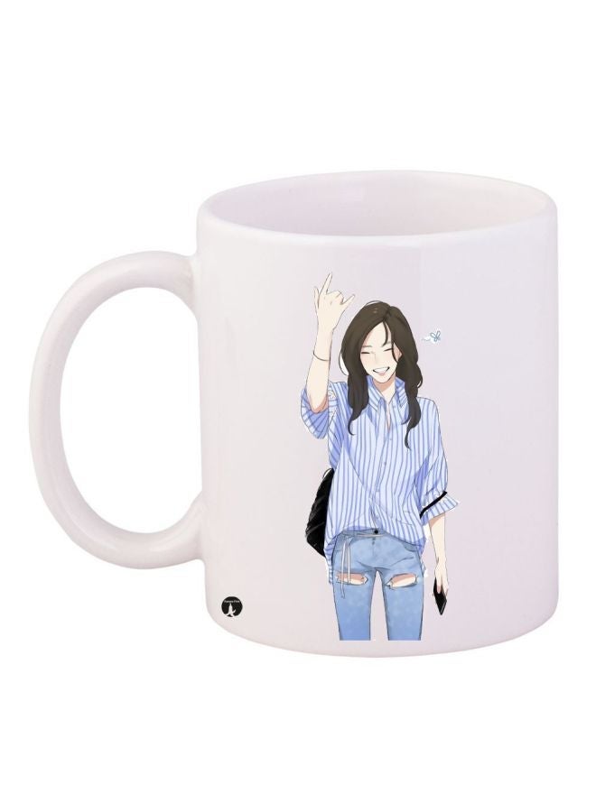 RYN Girl Printed Coffee Mug White/Blue/Brown 11ounce