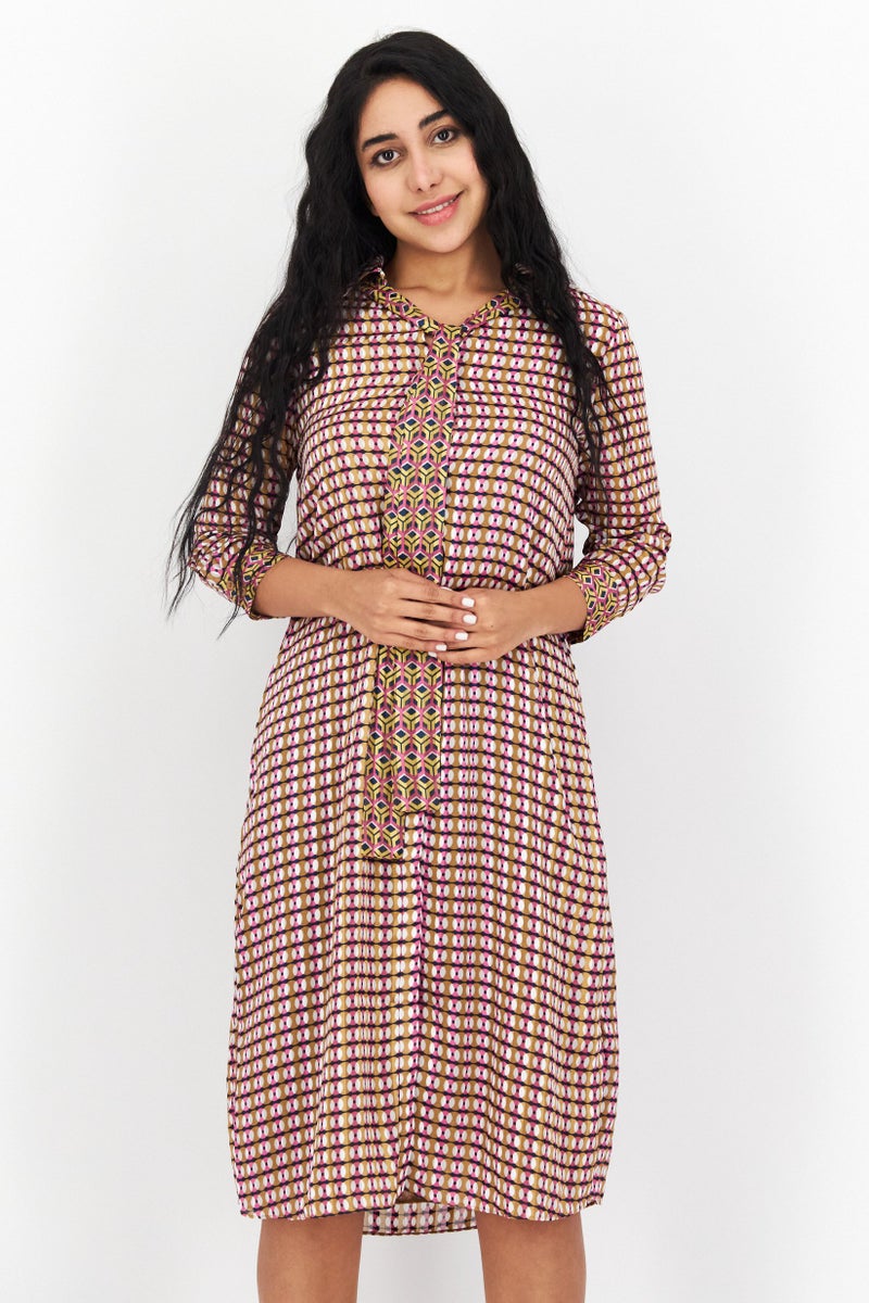 VERO MODA فستان ميدي مطبوع بالكامل للنساء، مزيج بني - Image 1