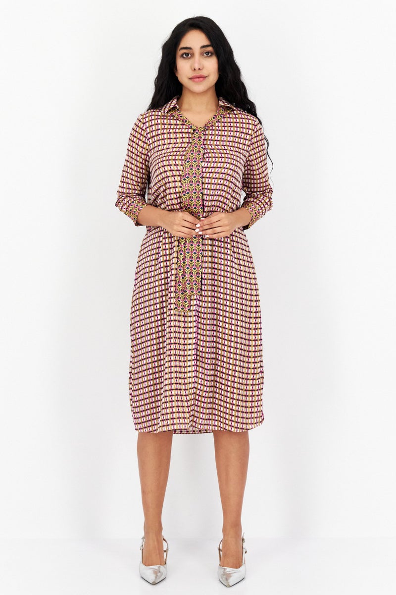 VERO MODA فستان ميدي مطبوع بالكامل للنساء، مزيج بني - Image 3