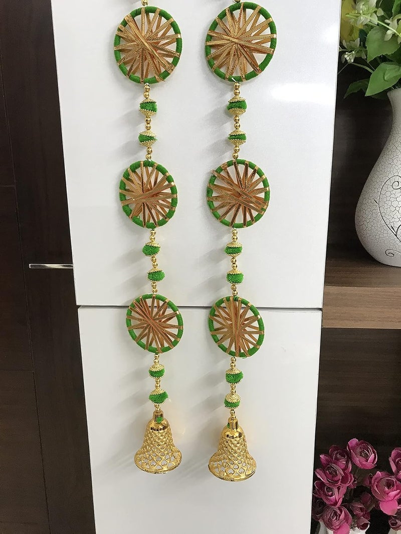 Aahum Aahum Handmade Wall Door Green with 5 Chakri in Each String Hanging Pompom Torans GarlandBandhwar with GoldenBells DecorationItem forHomeDcor DiwaliFestivalNavratriWeddingGreen 5 FT 2Strings  - Image 2
