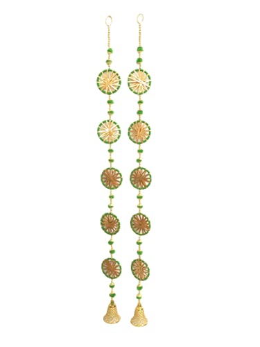 Aahum Aahum Handmade Wall Door Green with 5 Chakri in Each String Hanging Pompom Torans GarlandBandhwar with GoldenBells DecorationItem forHomeDcor DiwaliFestivalNavratriWeddingGreen 5 FT 2Strings  - Image 3