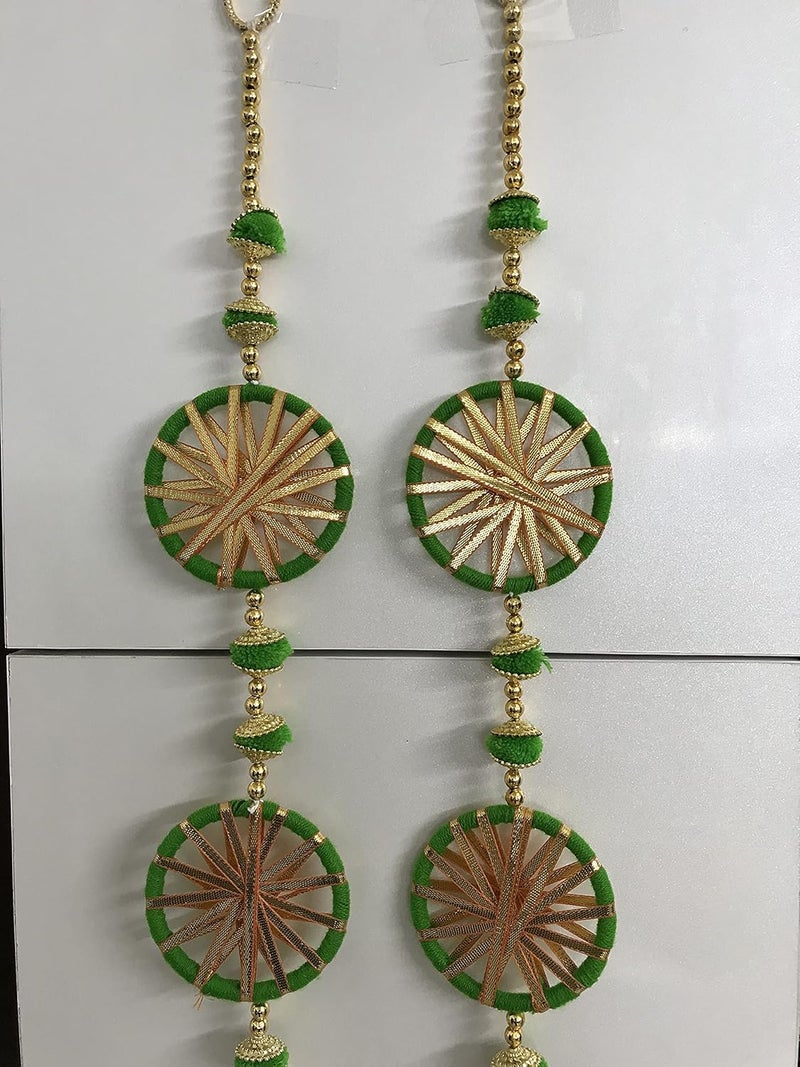 Aahum Aahum Handmade Wall Door Green with 5 Chakri in Each String Hanging Pompom Torans GarlandBandhwar with GoldenBells DecorationItem forHomeDcor DiwaliFestivalNavratriWeddingGreen 5 FT 2Strings  - Image 4