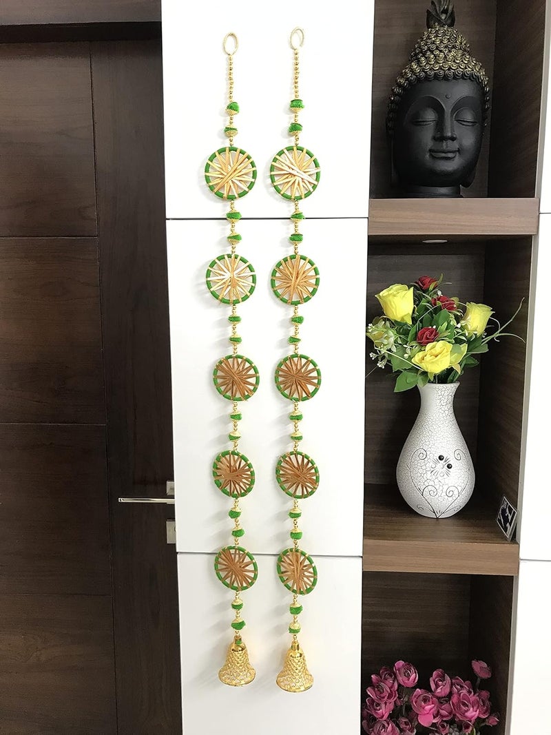 Aahum Aahum Handmade Wall Door Green with 5 Chakri in Each String Hanging Pompom Torans GarlandBandhwar with GoldenBells DecorationItem forHomeDcor DiwaliFestivalNavratriWeddingGreen 5 FT 2Strings  - Image 1