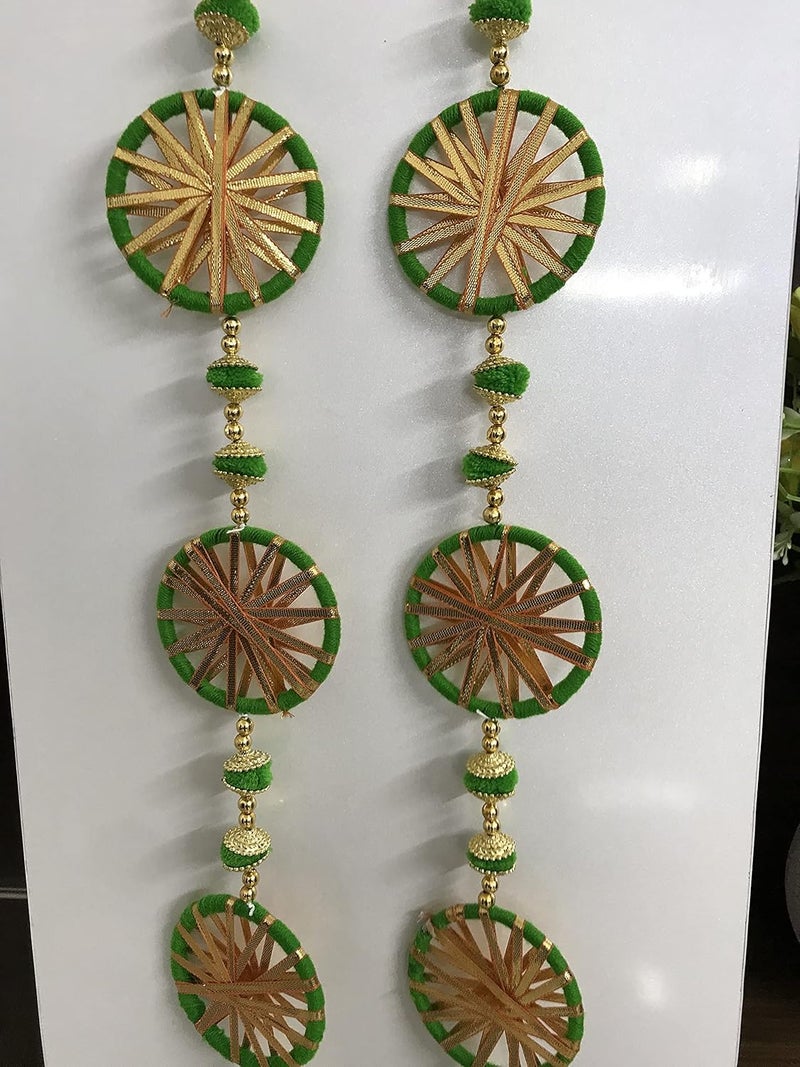Aahum Aahum Handmade Wall Door Green with 5 Chakri in Each String Hanging Pompom Torans GarlandBandhwar with GoldenBells DecorationItem forHomeDcor DiwaliFestivalNavratriWeddingGreen 5 FT 2Strings  - Image 5