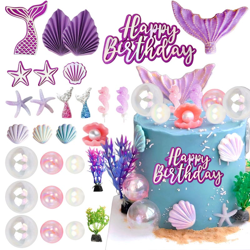 Tyotrbs 29Pcs Mermaid Cake Toppers Tyotrbs MermaidCake Decorations MermaidBirthday Cake Decor Little Mermaid Cake Topperfor Summer and Ocean Birthday Party Decorations Colorful - Image 2
