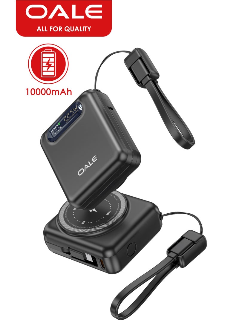 OALE iMagsafe 2 Magnetic Power Bank 10000mAh, 22.5W Fast Charging, Wireless Charging, Built-in Type-C Cable, LED Digital Display, Type-C to Lightning Lanyard Cable