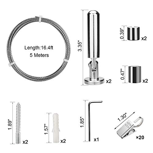 PINOWU [5 Meters] Wall Mount Curtain Wire Rod Set with (20 Hanging Clips) - Pinowu Stainless Steel Picture Hanging Wire Clothesline Wire Multi-purpose Set Hang Photo Notes, Art - Image 2