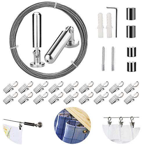 PINOWU [5 Meters] Wall Mount Curtain Wire Rod Set with (20 Hanging Clips) - Pinowu Stainless Steel Picture Hanging Wire Clothesline Wire Multi-purpose Set Hang Photo Notes, Art - Image 1