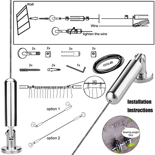 PINOWU [5 Meters] Wall Mount Curtain Wire Rod Set with (20 Hanging Clips) - Pinowu Stainless Steel Picture Hanging Wire Clothesline Wire Multi-purpose Set Hang Photo Notes, Art - Image 3