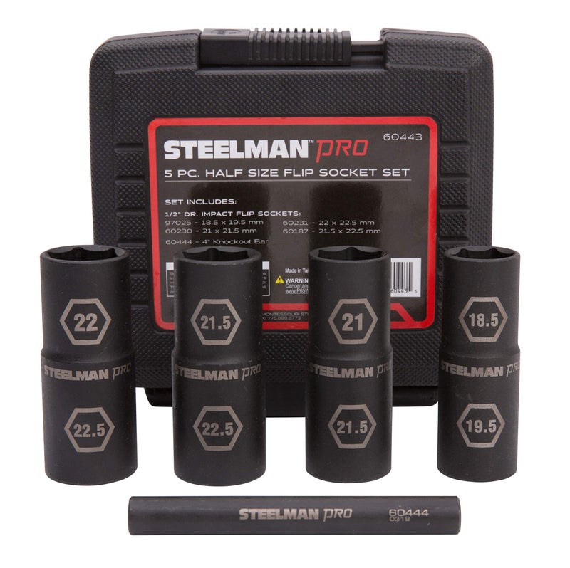 Steelman Pro 5-Piece 1/2-Inch Drive Metric 6-Point Thin Wall Impact Flip Socket and Knockout Bar Set with Half Sizes (18.5 x 19.5mm, 21 x 21.5mm, 22 x 22.5mm, and 21.5 x 22.5mm Sockets) - Image 2