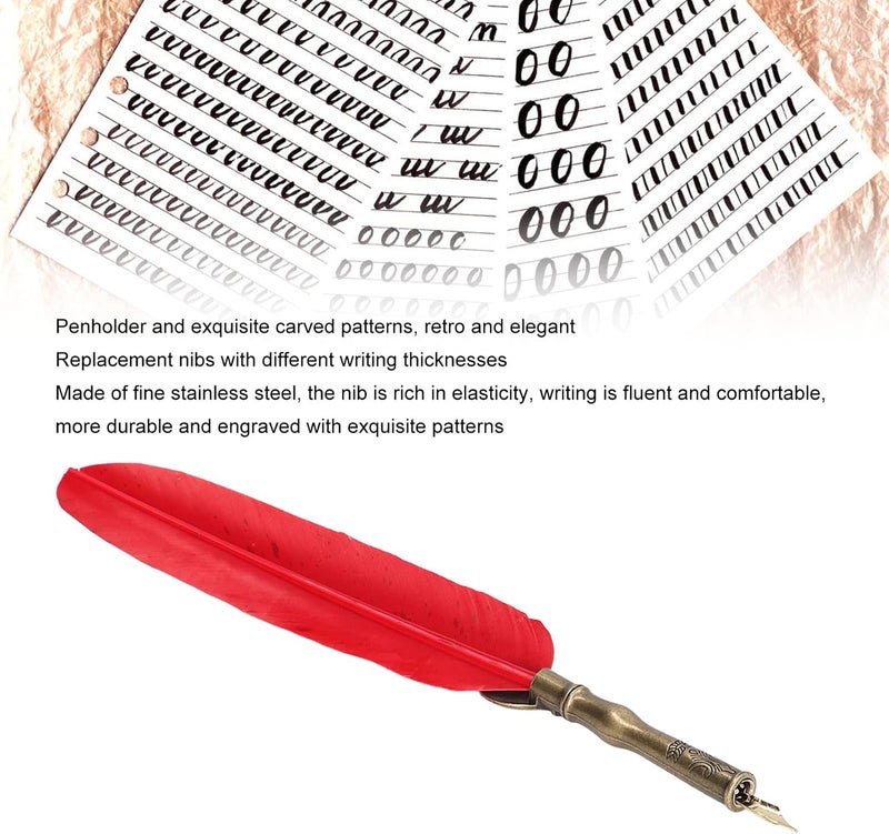 Quill Pen with Gold Sprinkle Vintage Style, Stainless Steel Nib Calligraphy Dip Pen Set Including Ink Bottle and Stand for Writing Enthusiasts and Gift Giving (Red) - Image 2