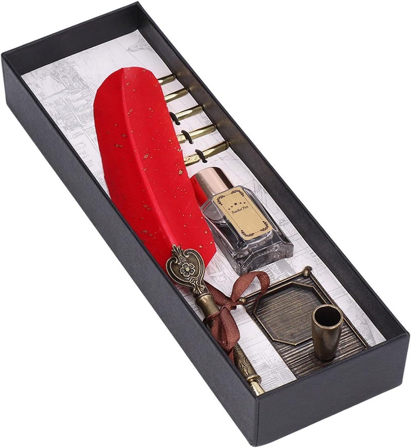 Quill Pen with Gold Sprinkle Vintage Style, Stainless Steel Nib Calligraphy Dip Pen Set Including Ink Bottle and Stand for Writing Enthusiasts and Gift Giving (Red) - Image 3