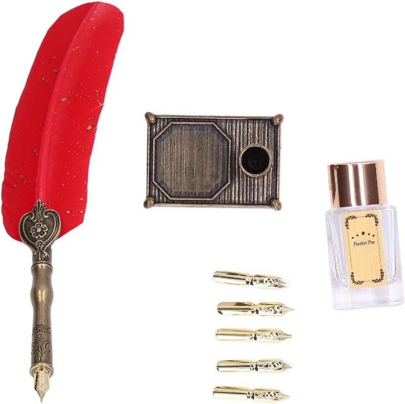 Quill Pen with Gold Sprinkle Vintage Style, Stainless Steel Nib Calligraphy Dip Pen Set Including Ink Bottle and Stand for Writing Enthusiasts and Gift Giving (Red) - Image 1