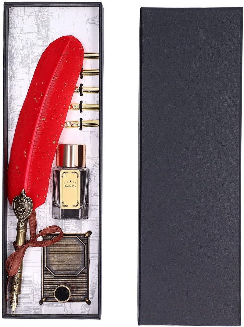Quill Pen with Gold Sprinkle Vintage Style, Stainless Steel Nib Calligraphy Dip Pen Set Including Ink Bottle and Stand for Writing Enthusiasts and Gift Giving (Red) - Image 4