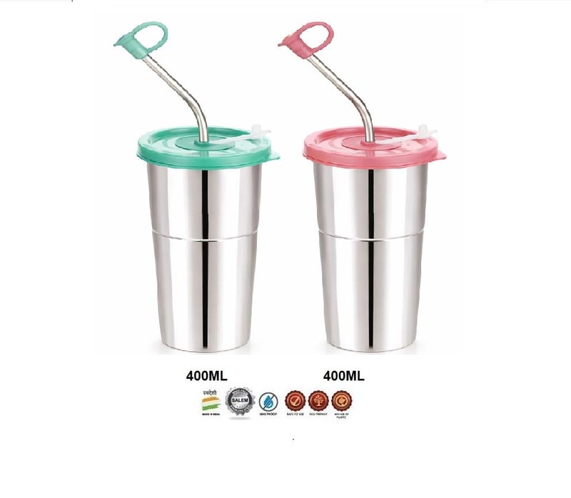 LIPSA ENTERPRISE Stainless Steel Fusion Glass Tumbler with Stainless Steel Metal Straws and Cleaning Brush with Lid (LD SIP 400ML) - Image 4