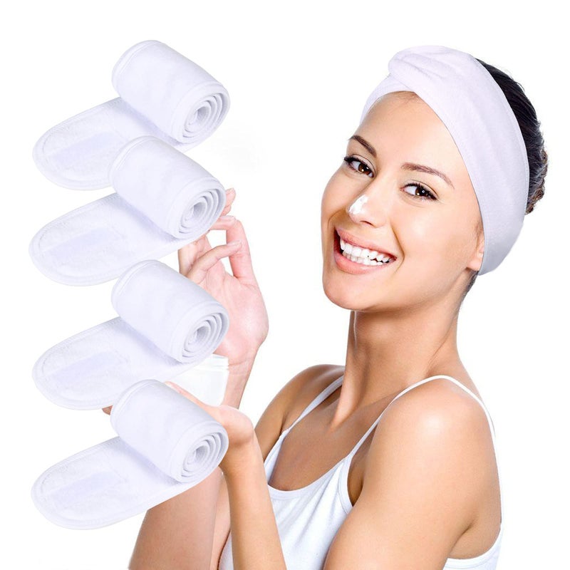TDHDIKE Facial Spa Headbands 4 PCS Makeup Shower Bath Wrap Sport Headband Terry Cloth Stretch Towel with Magic Tape White 