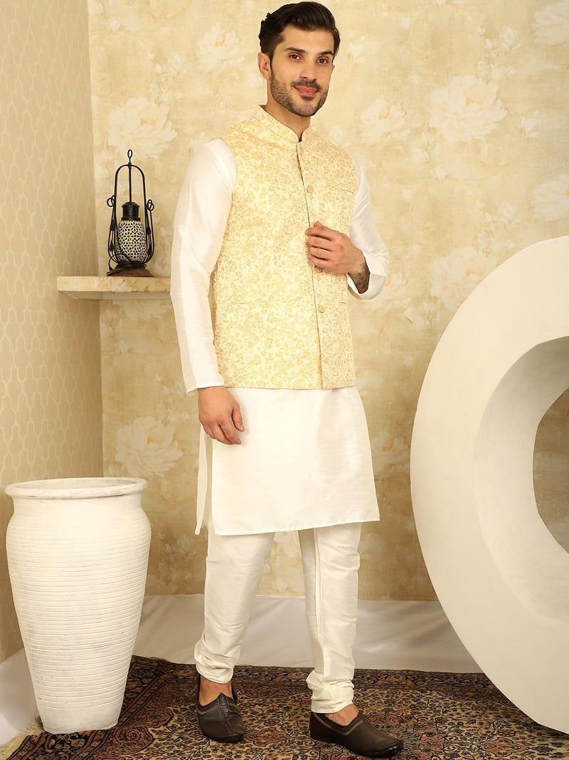 Jompers Men's Silk Blend Woven Design Nehru Jacket with Mandarin Neck - Image 3
