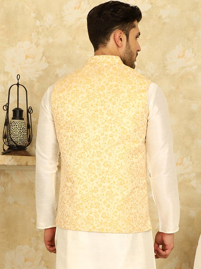 Jompers Men's Silk Blend Woven Design Nehru Jacket with Mandarin Neck - Image 2