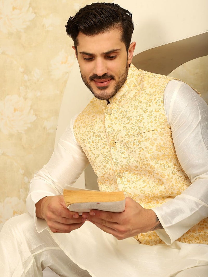 Jompers Men's Silk Blend Woven Design Nehru Jacket with Mandarin Neck - Image 4