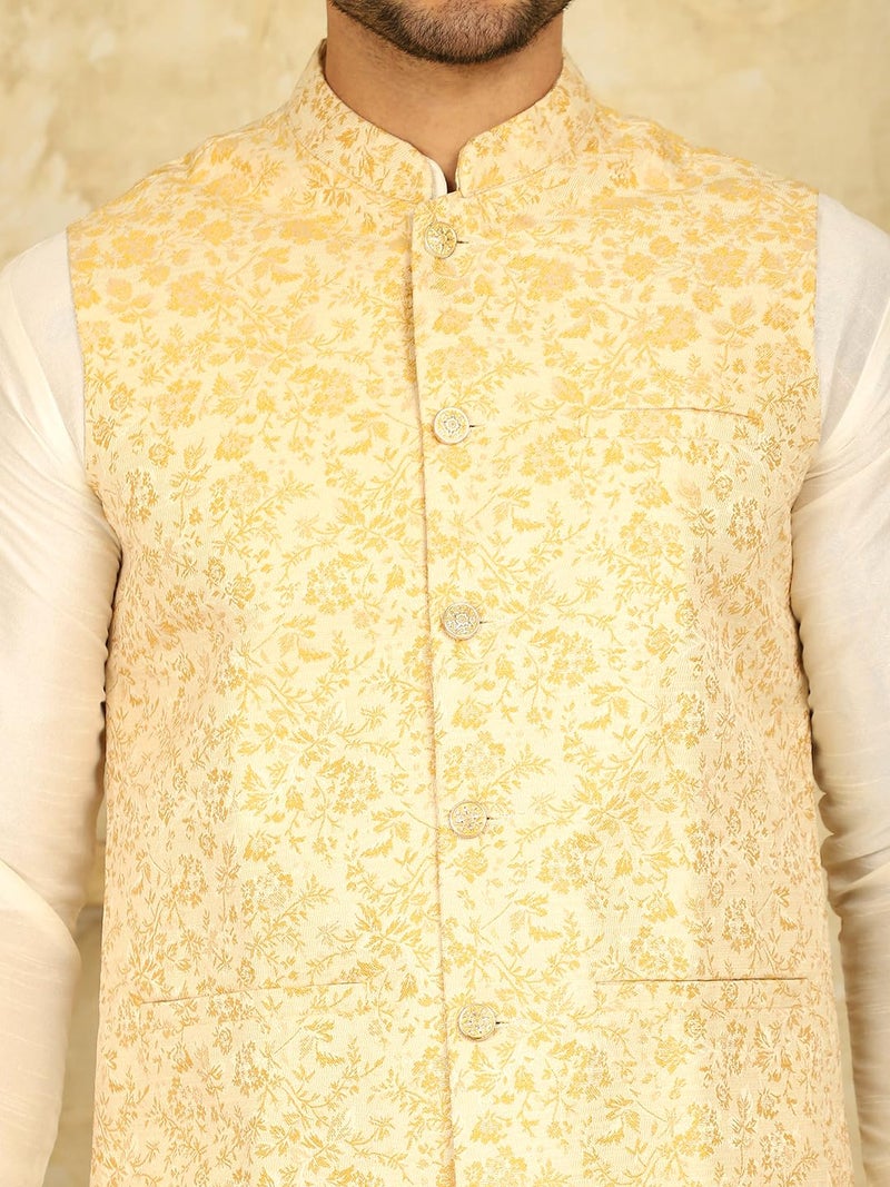 Jompers Men's Silk Blend Woven Design Nehru Jacket with Mandarin Neck - Image 5