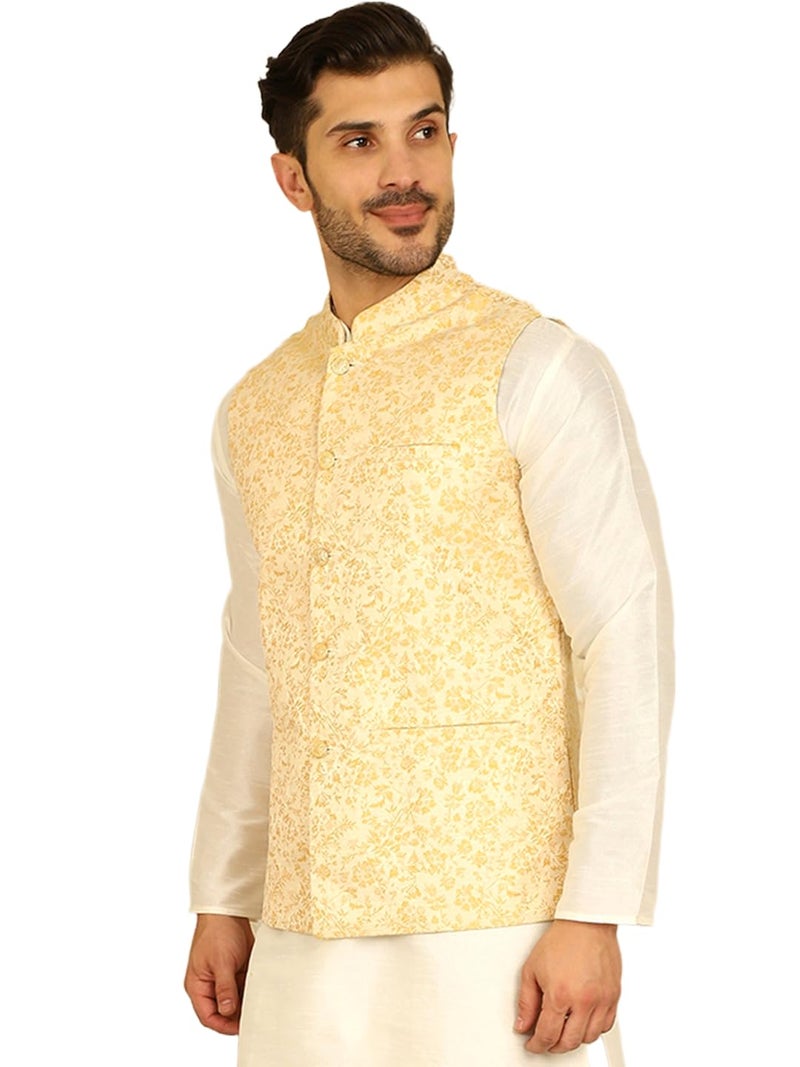Jompers Men's Silk Blend Woven Design Nehru Jacket with Mandarin Neck - Image 1
