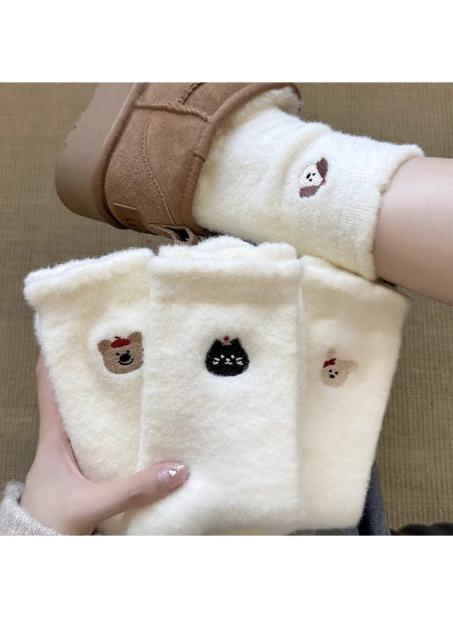Gracewell 4 Pairs Women's Mink Velvet Embroidered Socks Autumn Winter Thickened Mid-calf Warm Floor Socks Ultra Soft Maternity Socks