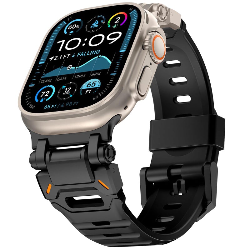 WINGLE FKM Rubber Bands for Apple Watch Band Ultra 321 Band Ultra 49mm Series 11 10 46mm 45mm 44mm 42mm SE 321 9 8 7 6 5 4 3 Men Military Rugged Metal Connector Silicone iWatch Sport Bands Black - Image 2