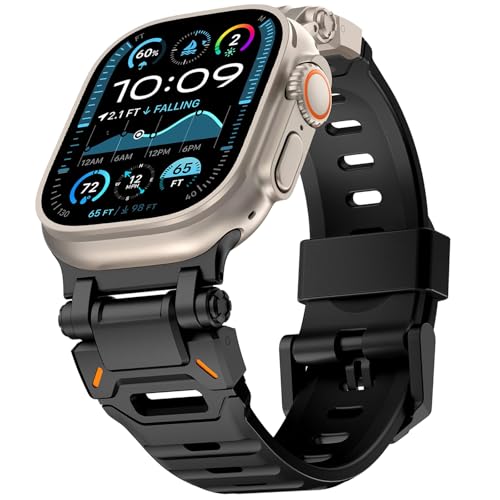 WINGLE FKM Rubber Bands for Apple Watch Band Ultra 321 Band Ultra 49mm Series 11 10 46mm 45mm 44mm 42mm SE 321 9 8 7 6 5 4 3 Men Military Rugged Metal Connector Silicone iWatch Sport Bands Black - Image 1