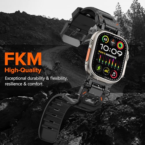 WINGLE FKM Rubber Bands for Apple Watch Band Ultra 321 Band Ultra 49mm Series 11 10 46mm 45mm 44mm 42mm SE 321 9 8 7 6 5 4 3 Men Military Rugged Metal Connector Silicone iWatch Sport Bands Black - Image 3