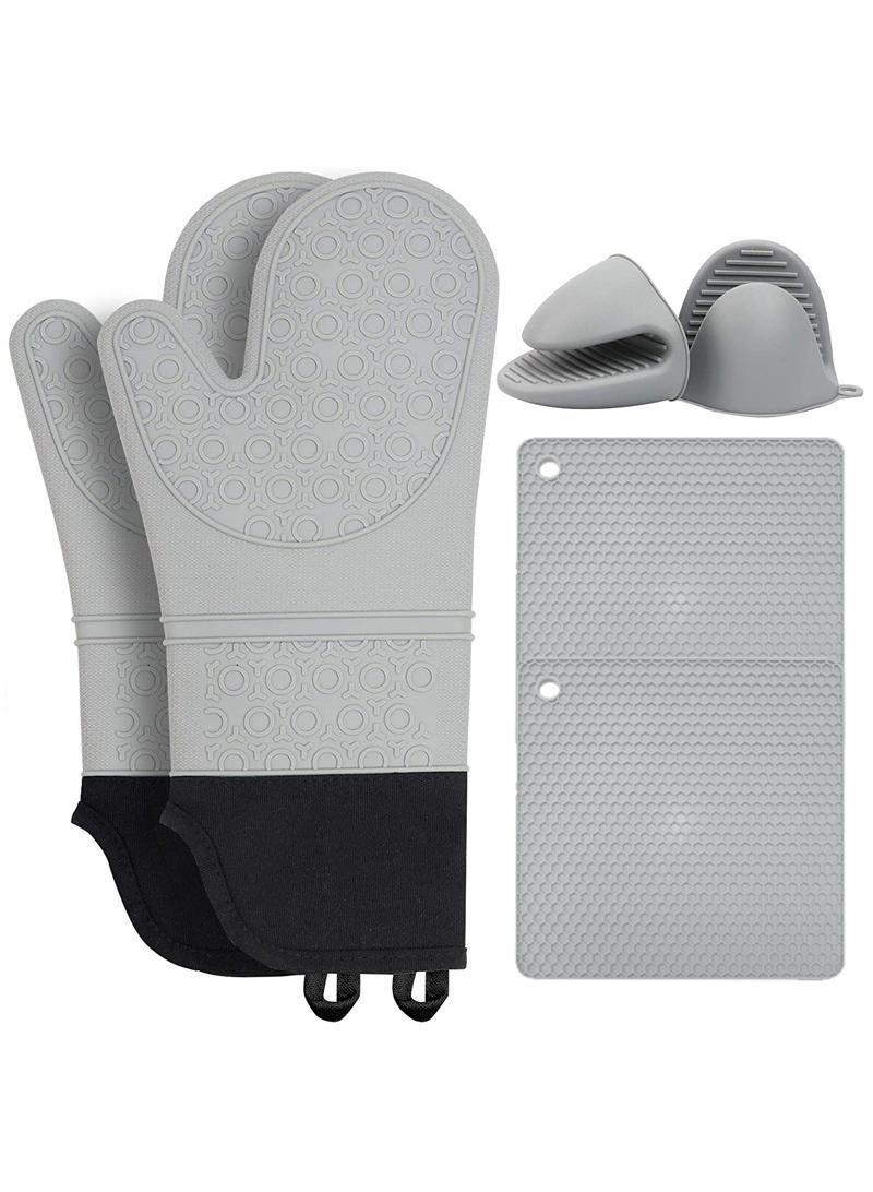XiuWoo Silicone Oven Mitts and Pot Holders Set, Heat Resistant Mittens with Mini Gloves Hot Pads, for Kitchen Baking Cooking, Quilted Liner, Black,Pack of 6  - Image 1