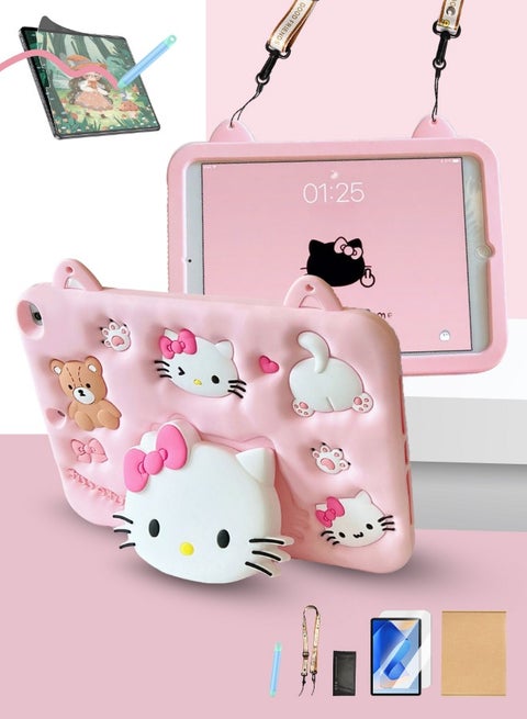 IPad 10th/11th Generation Kids Tablet Case - Hello Kitty, BPA-Free EVA Plastic Case with Backpack Strap and Anti-Glare Screen Protector, Handle/Stand/Pen Slot, Drop-Resistant and Dust-Resistant - Pink
