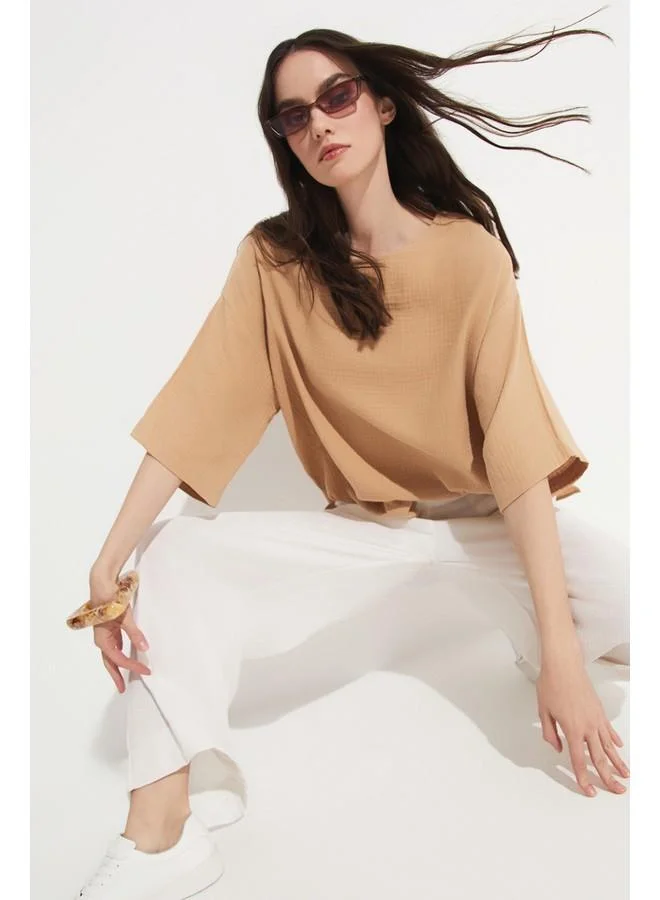 JUNE June Women 100% Cotton Oversize Woven Blouse Mink