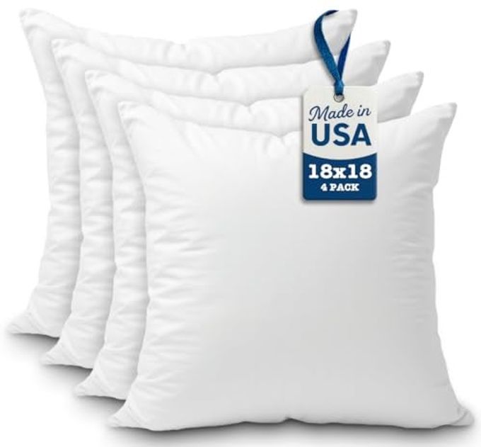 THROW PILLOWS INSERT 18 X 18 INCHES SET OF 4 HYPOALLERGENIC MADE IN USA DECORATIVE COUCH BED PILLOW