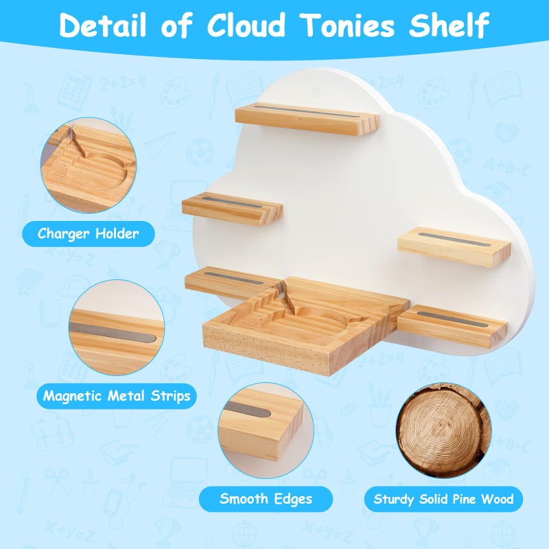 Conamily Cloud Toines Shelf, for TonieBox 1 and Toniebox 2 Tonies Wall Floating Shelf Storage for 12-20 Toine Figures Characters Wall Shelf Magnetic for Toniebox, Charging Station, Kids Play Room (White 2) - Image 5