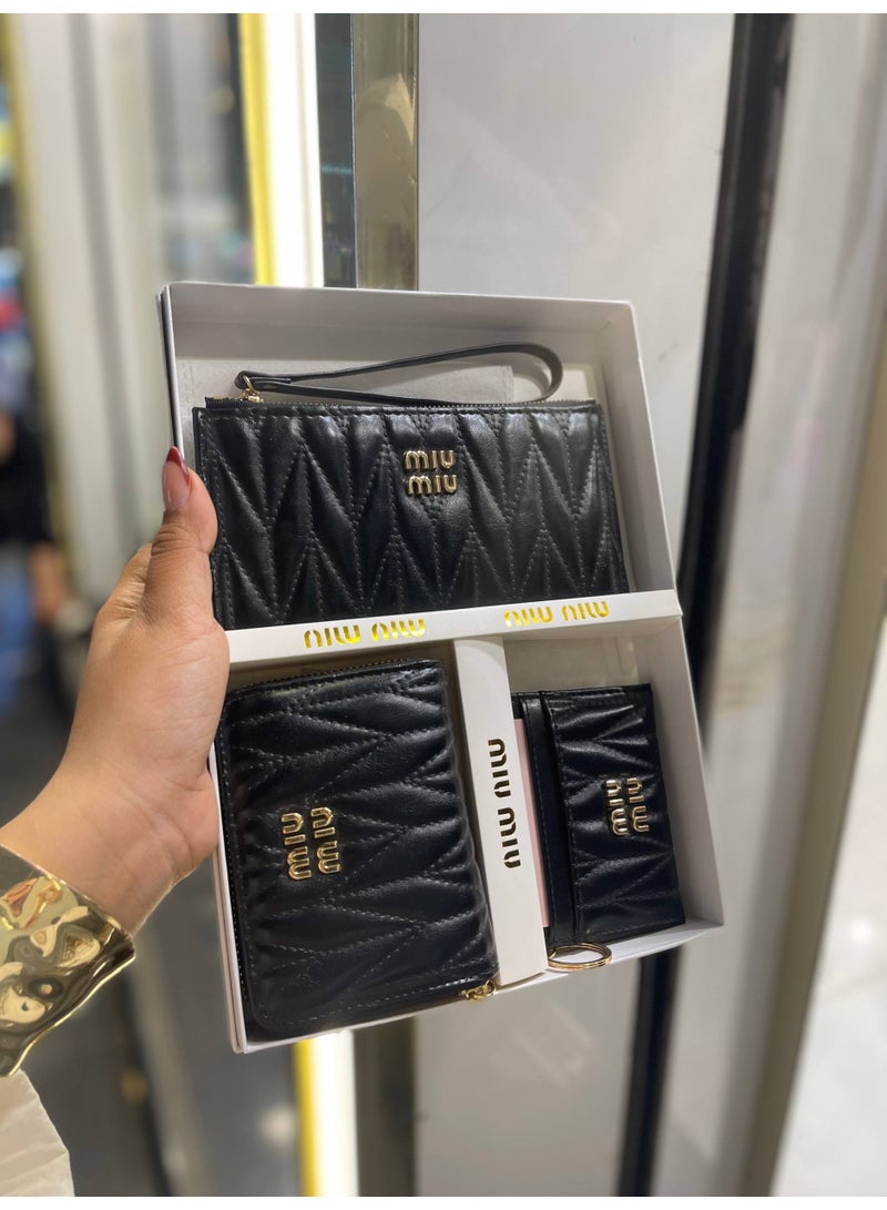 Miu Miu Style 3-Piece Matelassé Set - Quilted Nappa Leather Wristlet, Zip-Around Wallet, and Keychain Card Holder - Black - Image 2